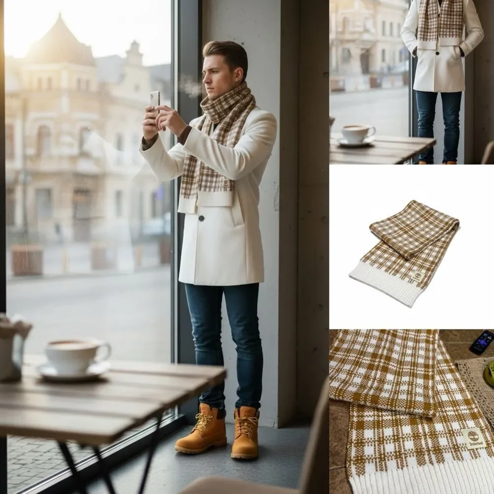 Timberland Plaid Knit Scarf Cream Brown Logo Winter Unisex NWT